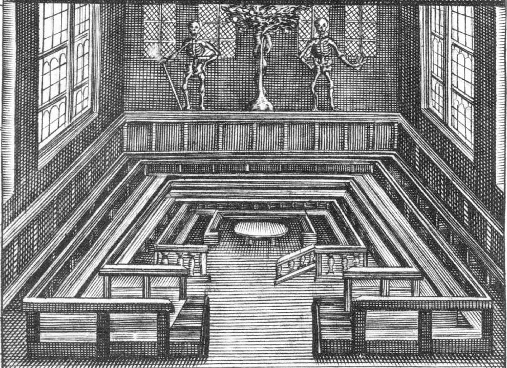 Det anatomiske teater i København, gengivet i anatomibog fra 1648. Salen ses fra kongens private galleri. Bagvæggen prydes af skeletterne Adam og Eva med kundskabens træ og slangen imellem sig. Sæderne var hængslede, så de kunne klappes op. Derved kunne tilskuerne rejse sig, når de skulle følge med i detaljerne. FOTO: Det Kgl. Bibliotek.