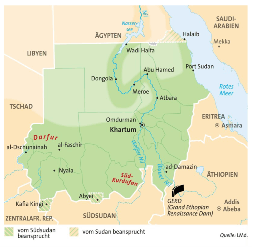 Figur 1, Kort over Sudan fra den tyske Le Monde diplomatique-oversættelse af artiklen